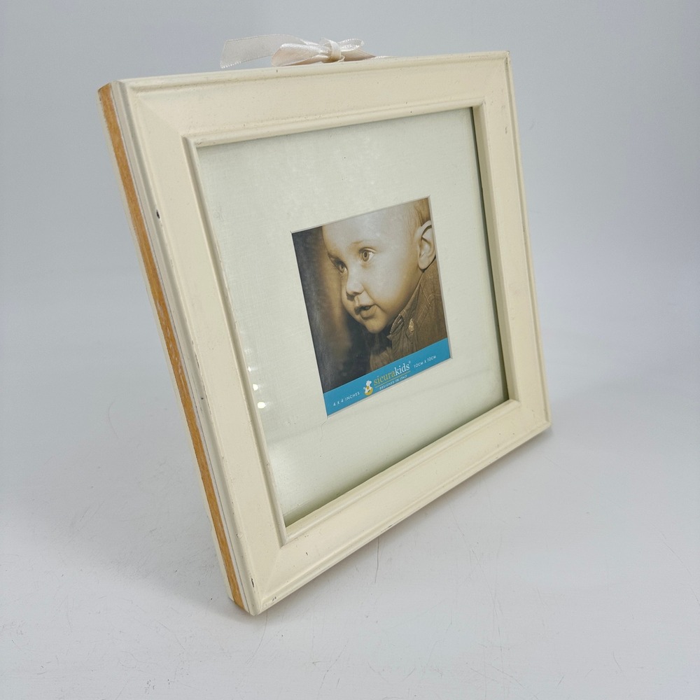 SicuraKids Italian Design Cream Wooden 4x4 Square Picture Frame with Ribbon